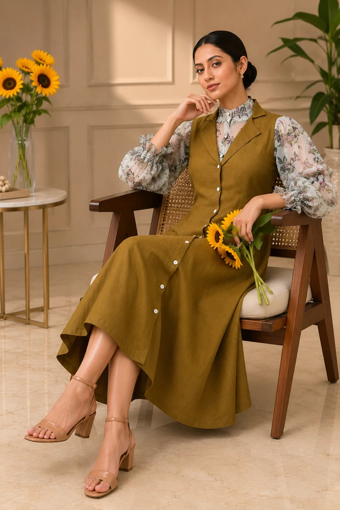 Utsav Livvy Floral Shirt & Olive Tunic Set