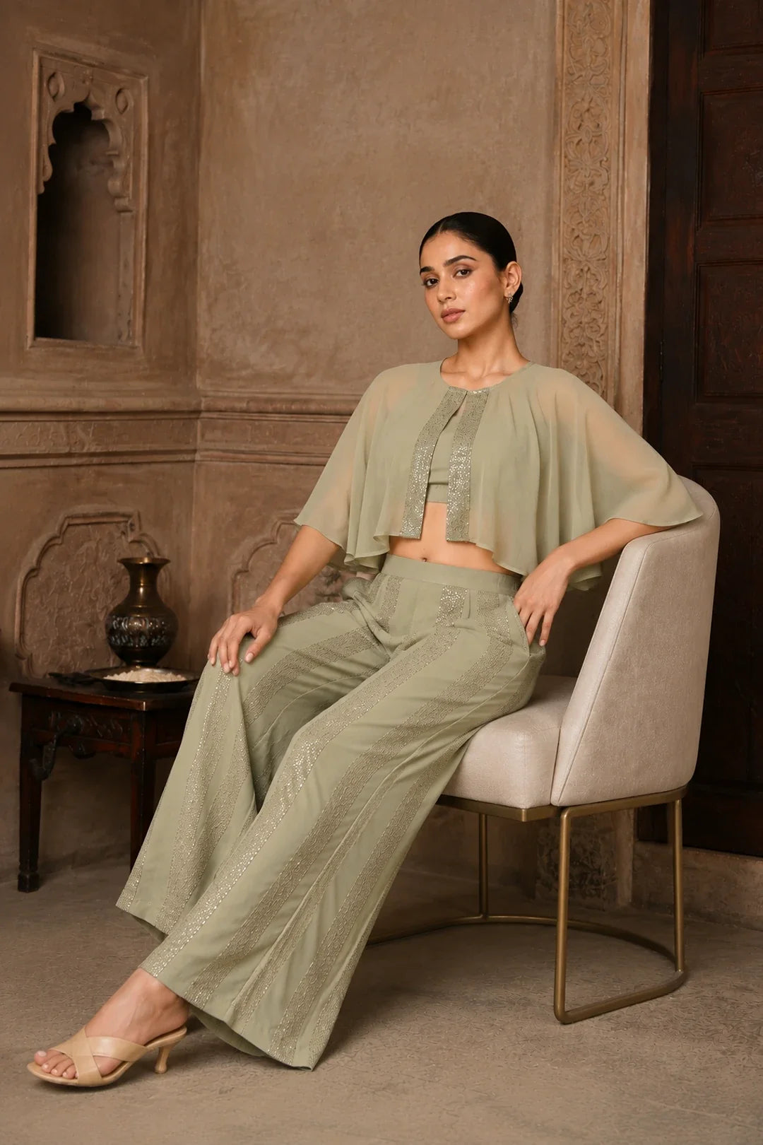 Utsav Dipta Sage Grey Sequin Georgette Co-Ord Set