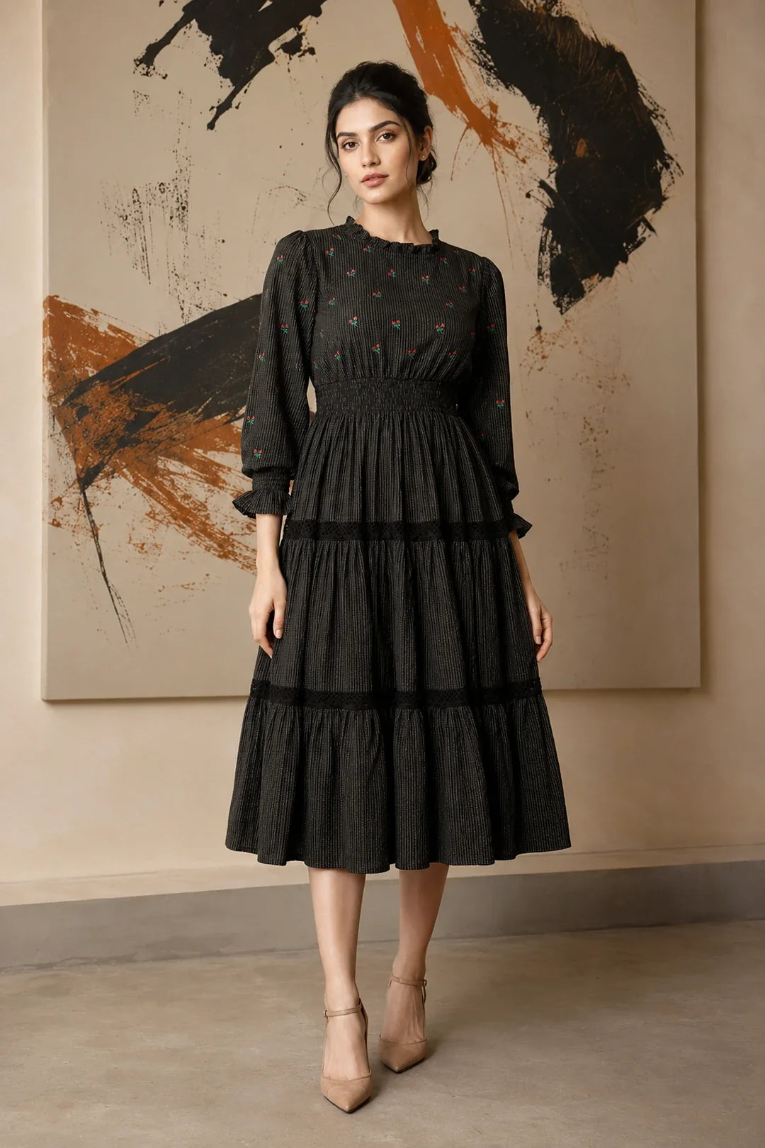 Utsav Radiant Meadows Black Cotton Kantha Tiered Dress