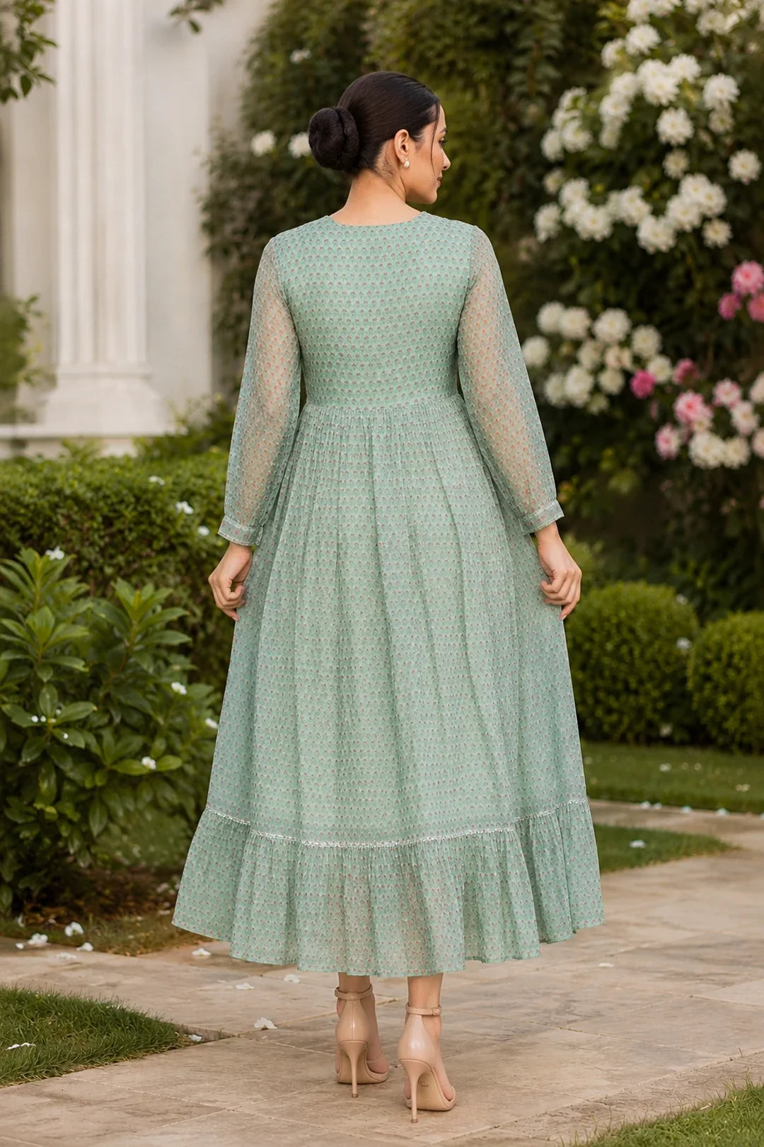 Utsav Ahila Kota Doria Block Printed Maxi Dress