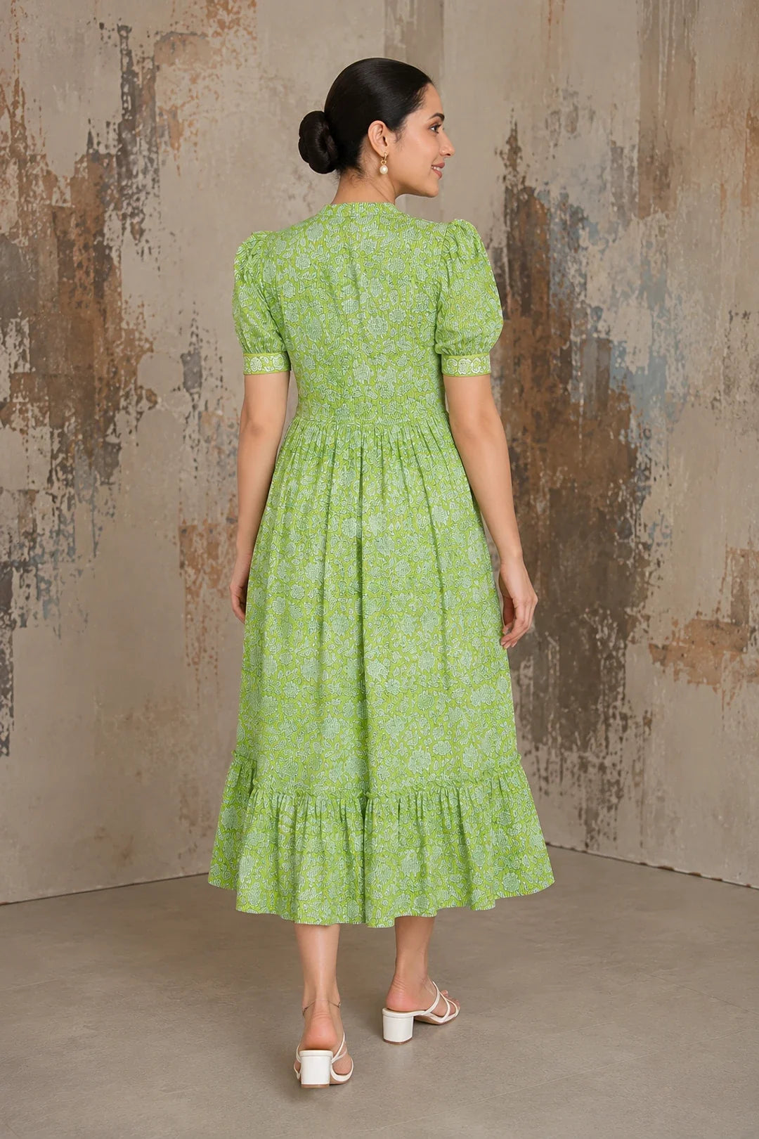 Utsav Green Floral Jaal Block Printed Dress