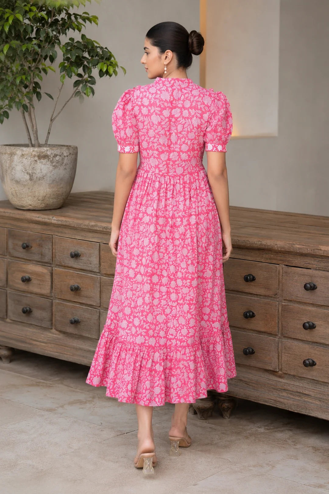 Utsav Pink Floral Jaal Block Printed Dress