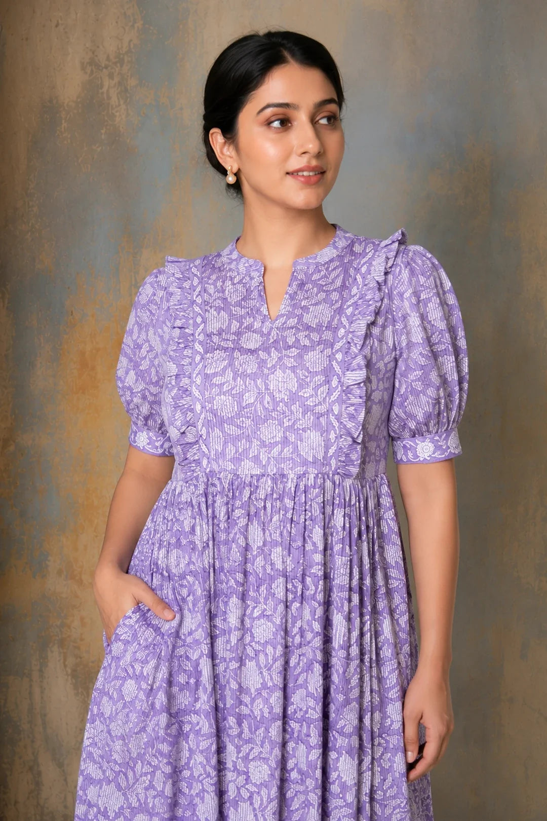 Utsav Purple Floral Jaal Block Printed Dress