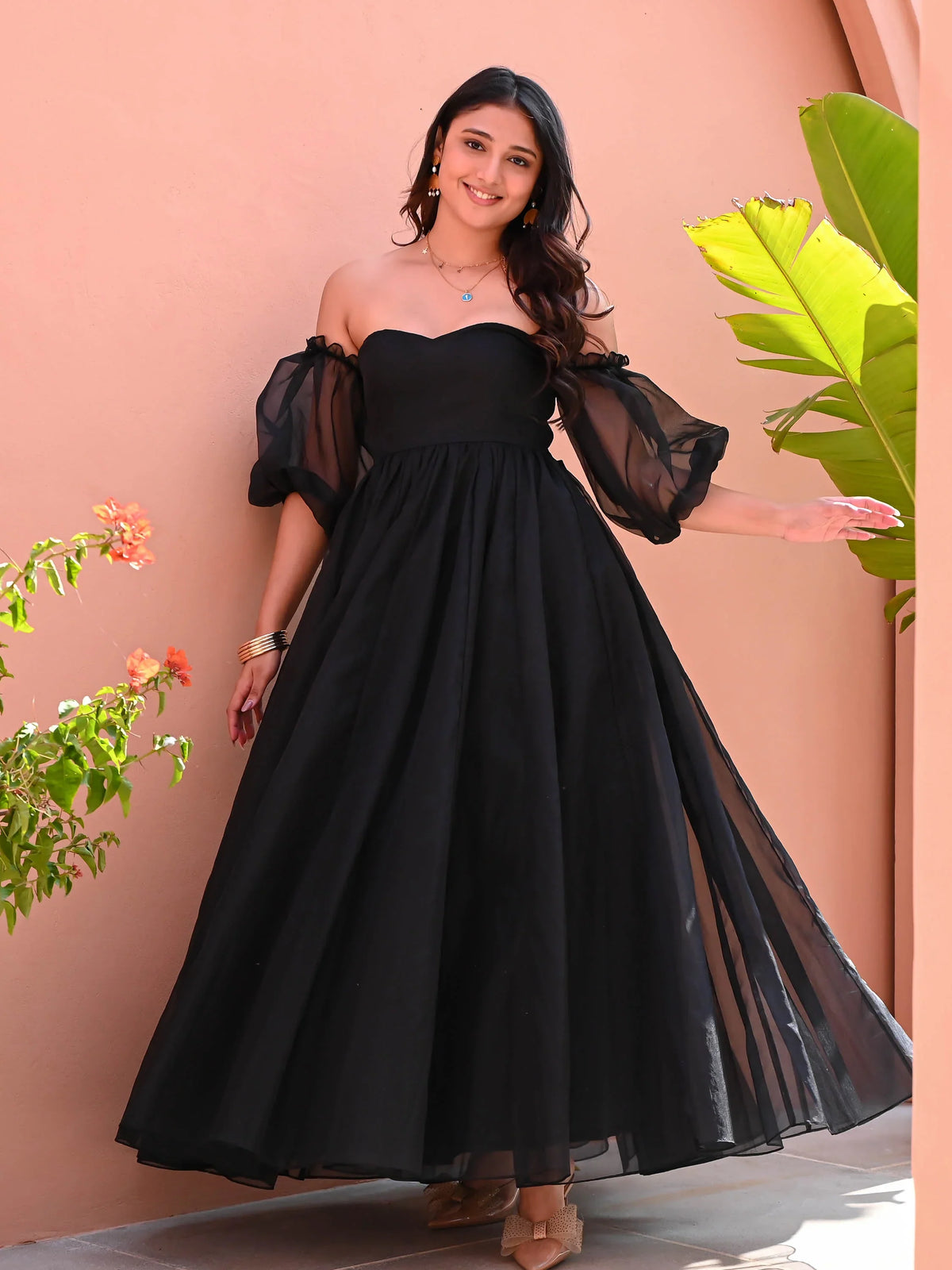 Utsav Off Shoulder Black Organza Dress