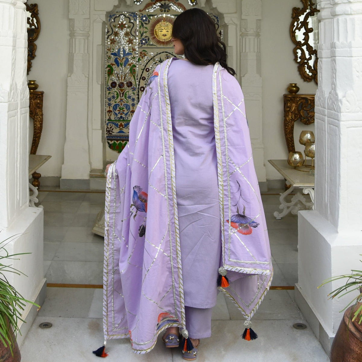 Utsav Lilac Handpainted Dupatta Suit Set (Set of 3)