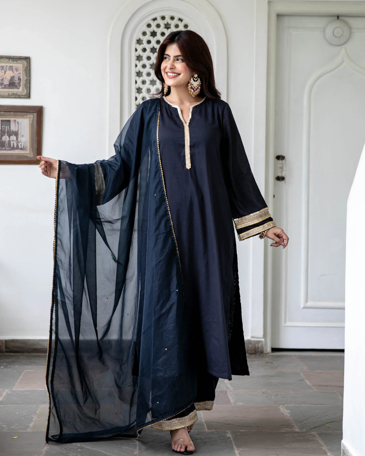 Utsav Black Cotton Suit Set with Organza Dupatta
