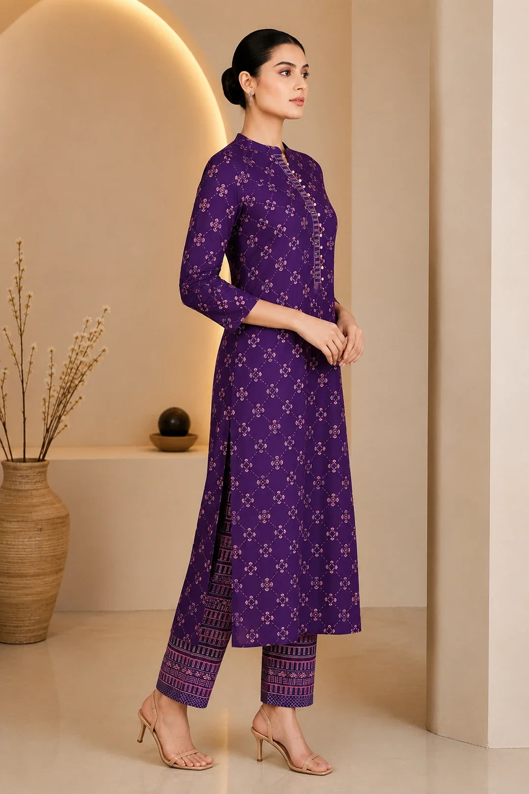 Utsav Purple Printed Handwork Kurta With Pant Set