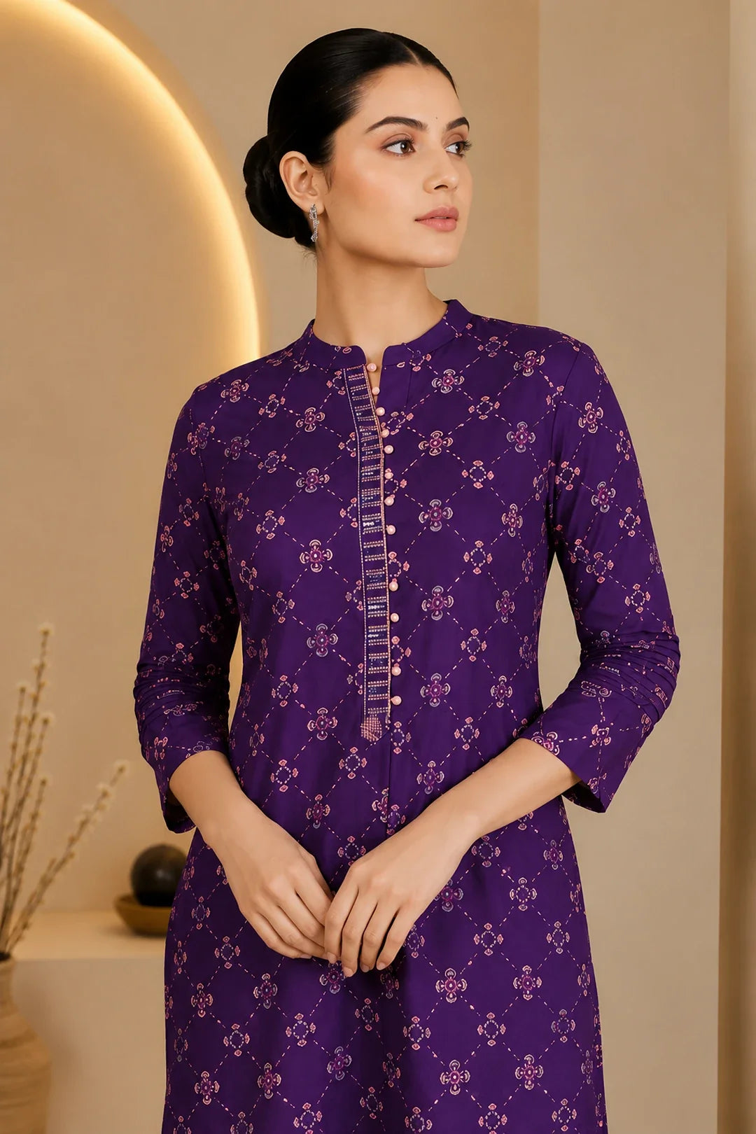 Utsav Purple Printed Handwork Kurta With Pant Set