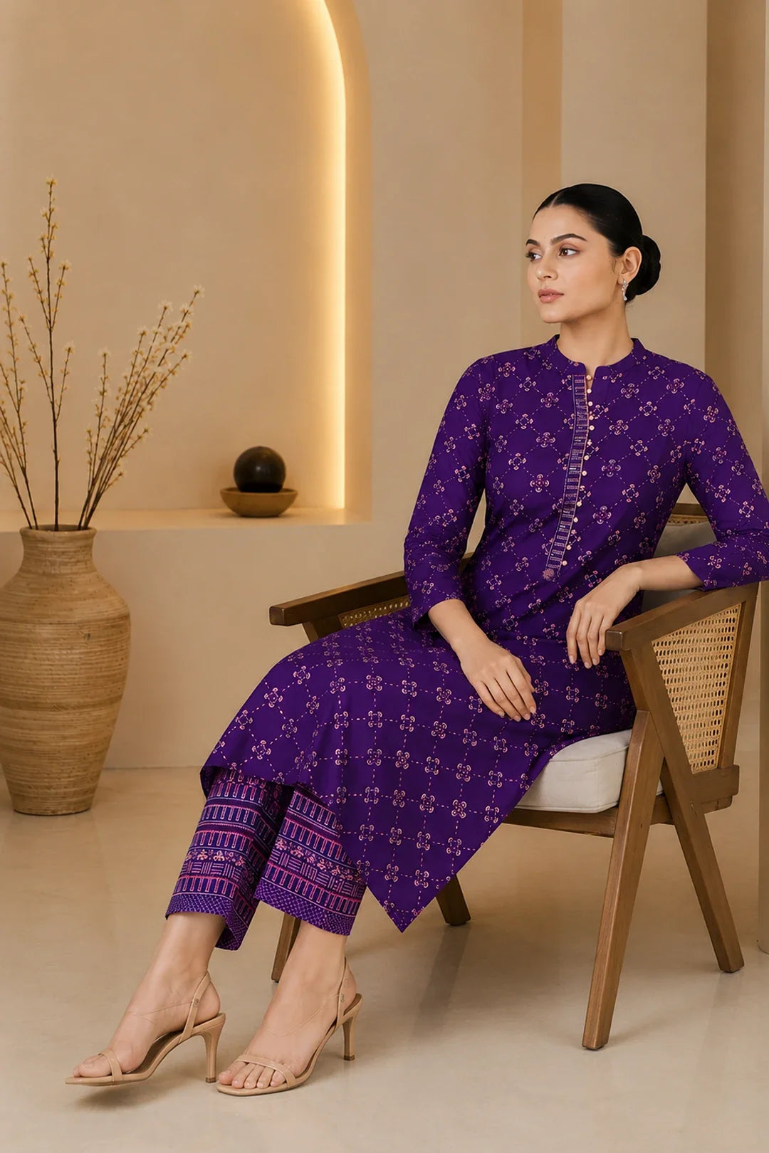 Utsav Purple Printed Handwork Kurta With Pant Set