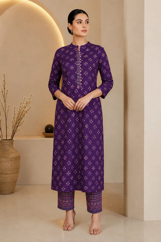 Utsav Purple Printed Handwork Kurta With Pant Set