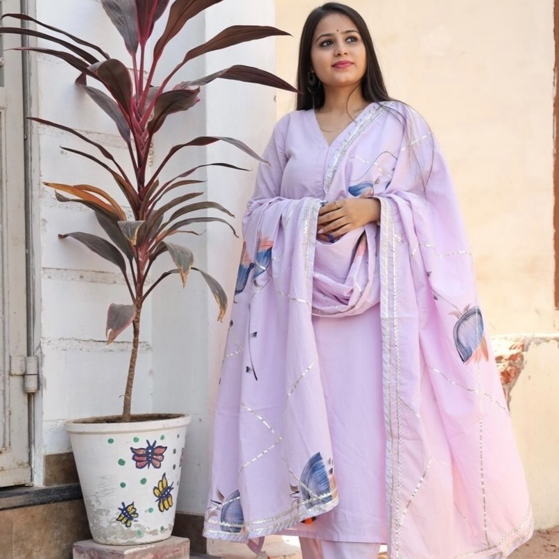 Utsav Lilac Handpainted Dupatta Suit Set (Set of 3)