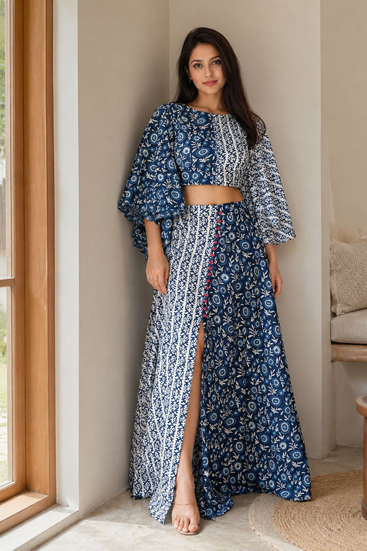Utsav Navy Printed Cotton Top & Skirt Set