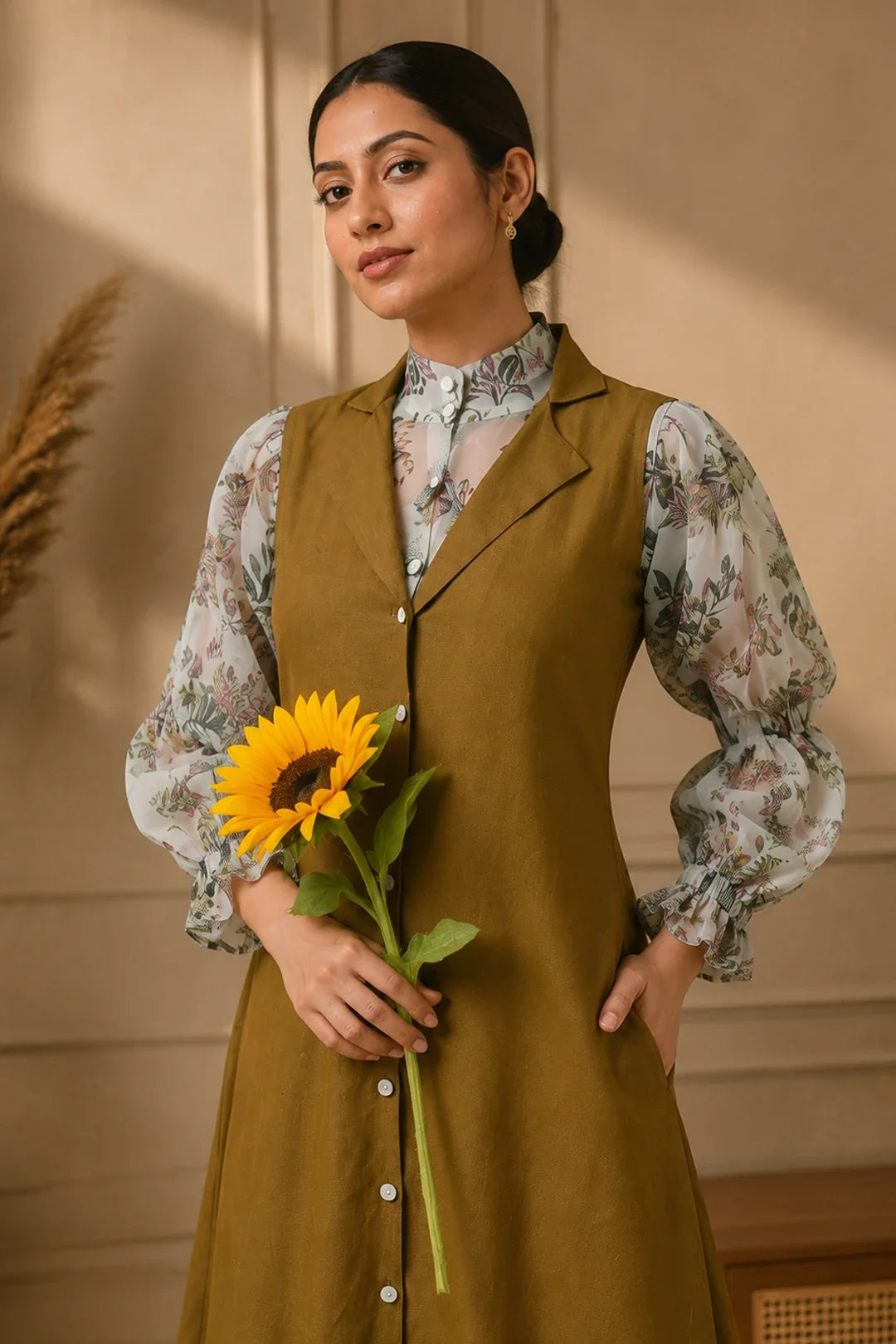 Utsav Livvy Floral Shirt & Olive Tunic Set
