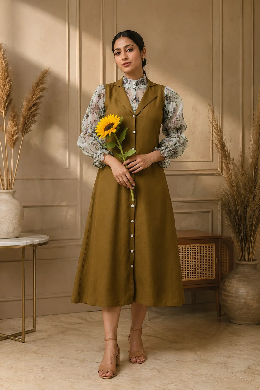 Utsav Livvy Floral Shirt & Olive Tunic Set