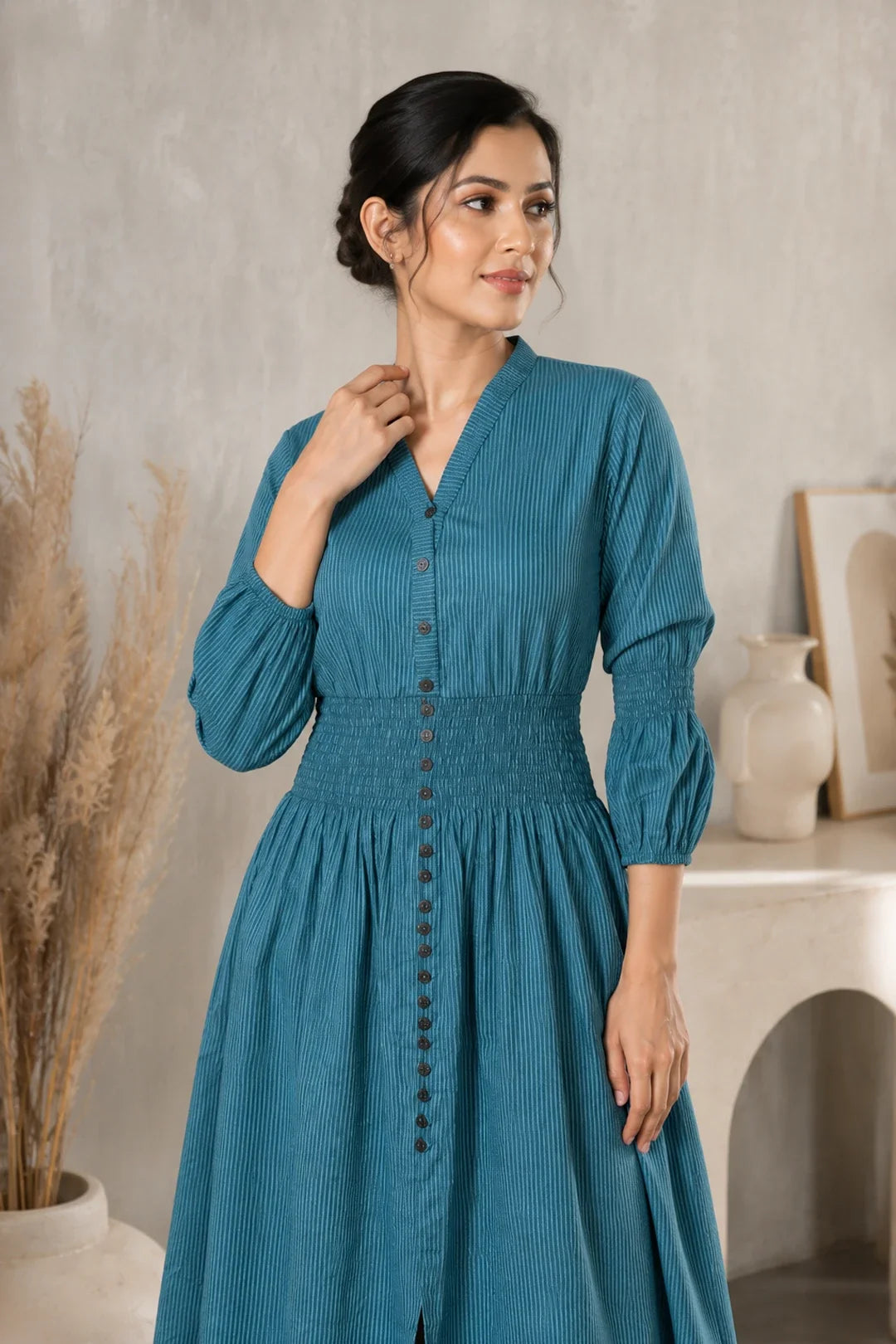 Utsav Prussian Blue Cotton Kantha Comfy Dress