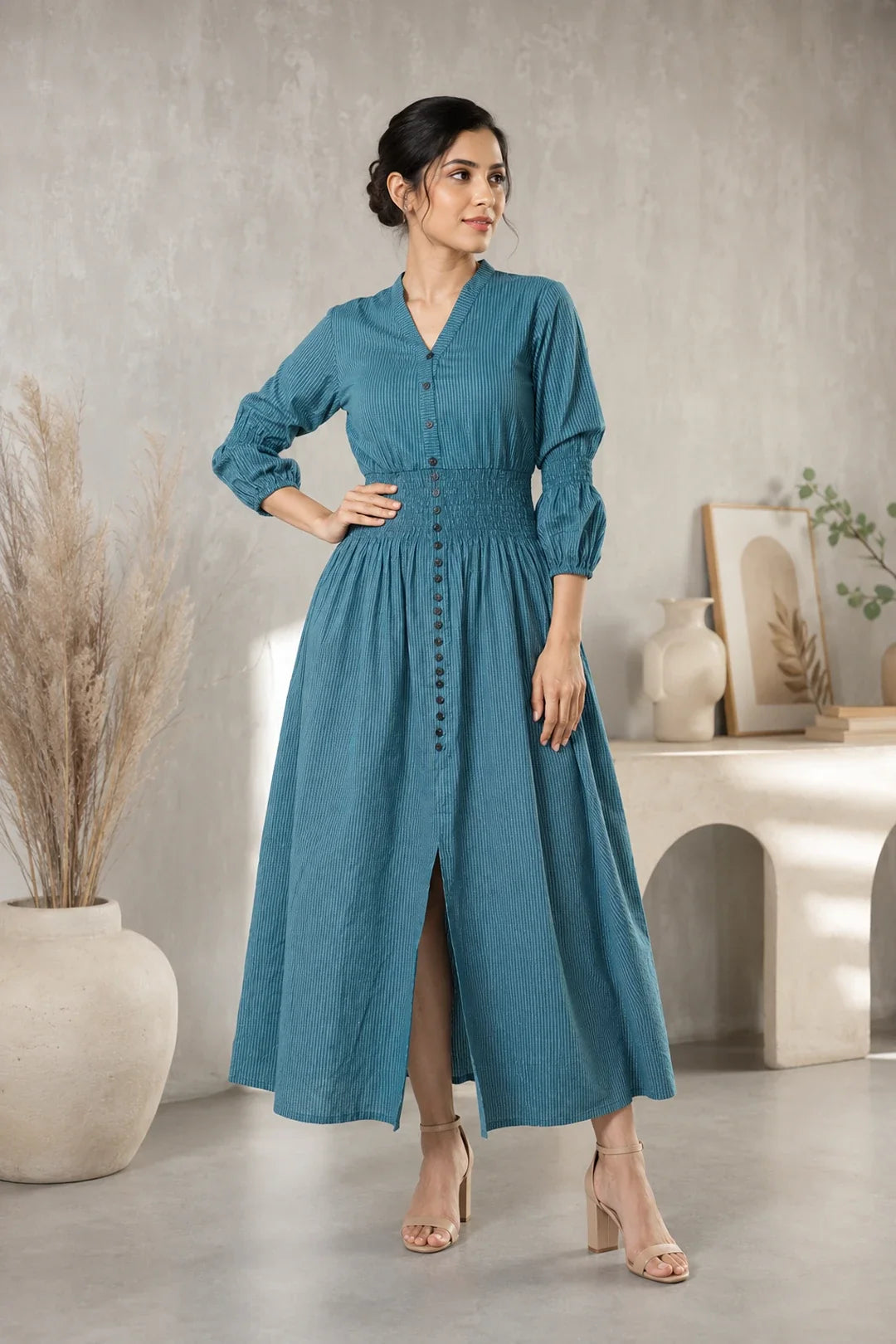 Utsav Prussian Blue Cotton Kantha Comfy Dress