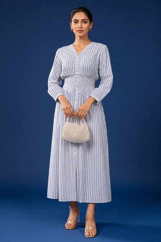 Utsav Blue Printed Striped Cotton Comfy Dress