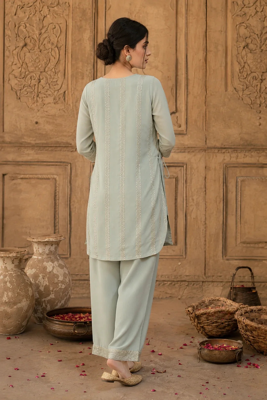 Utsav Sage Grey Sequin Angrakha Kurta Set