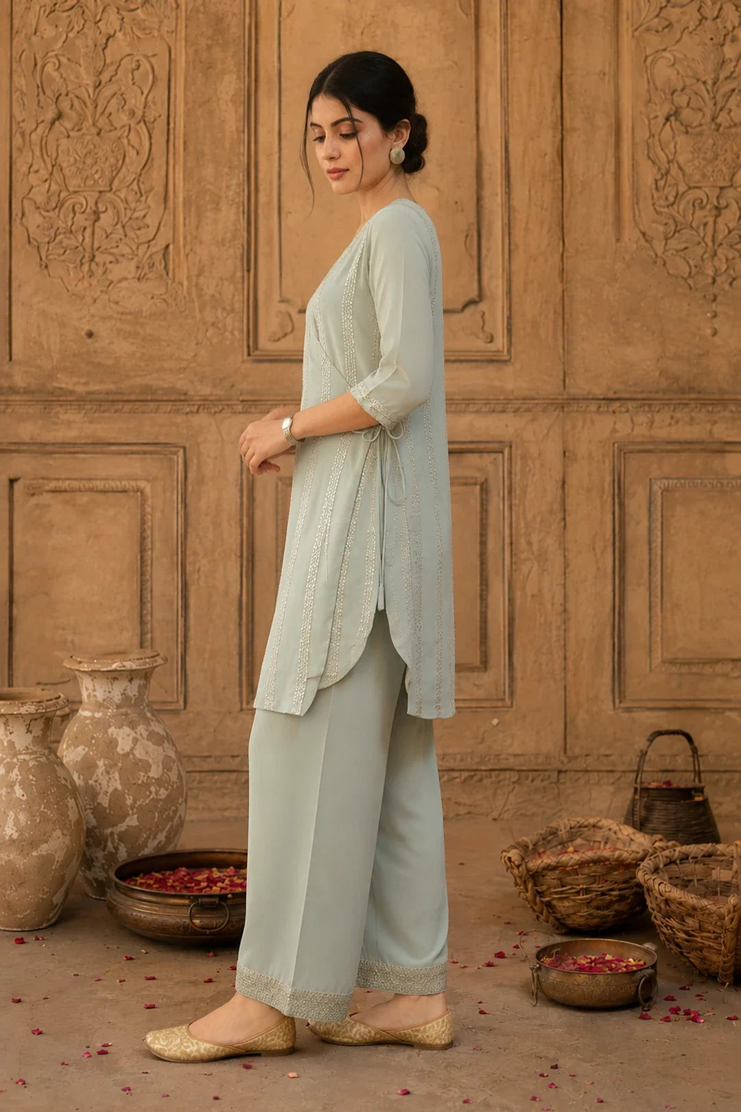 Utsav Sage Grey Sequin Angrakha Kurta Set