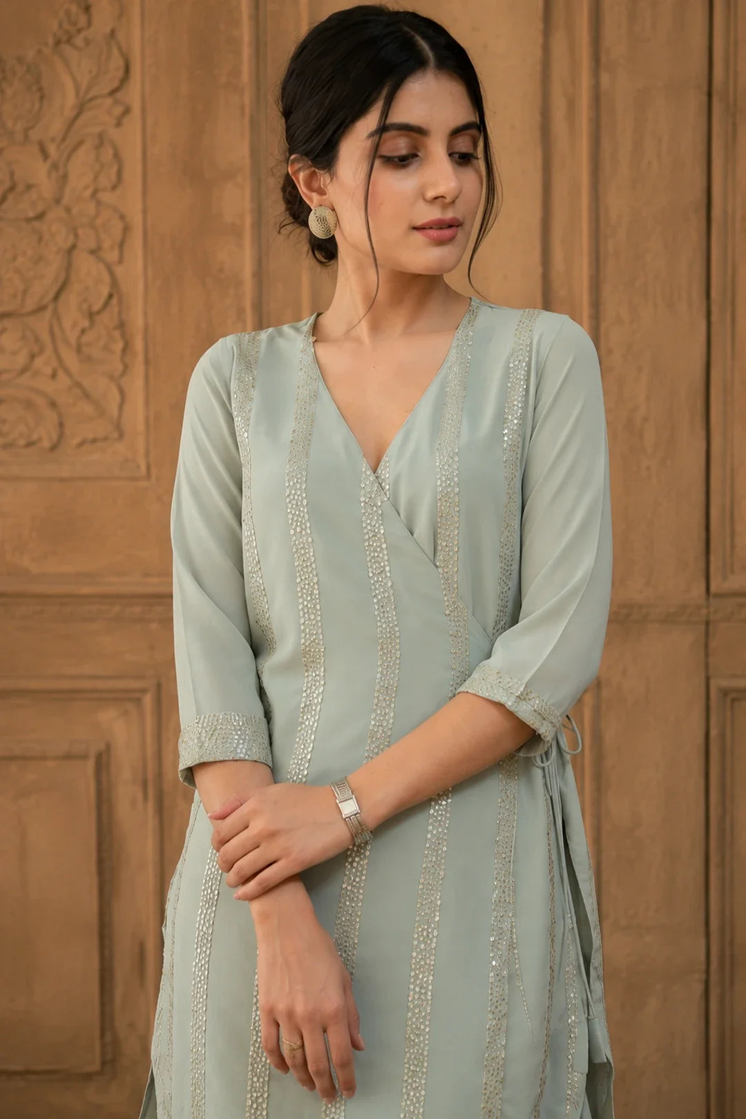Utsav Sage Grey Sequin Angrakha Kurta Set