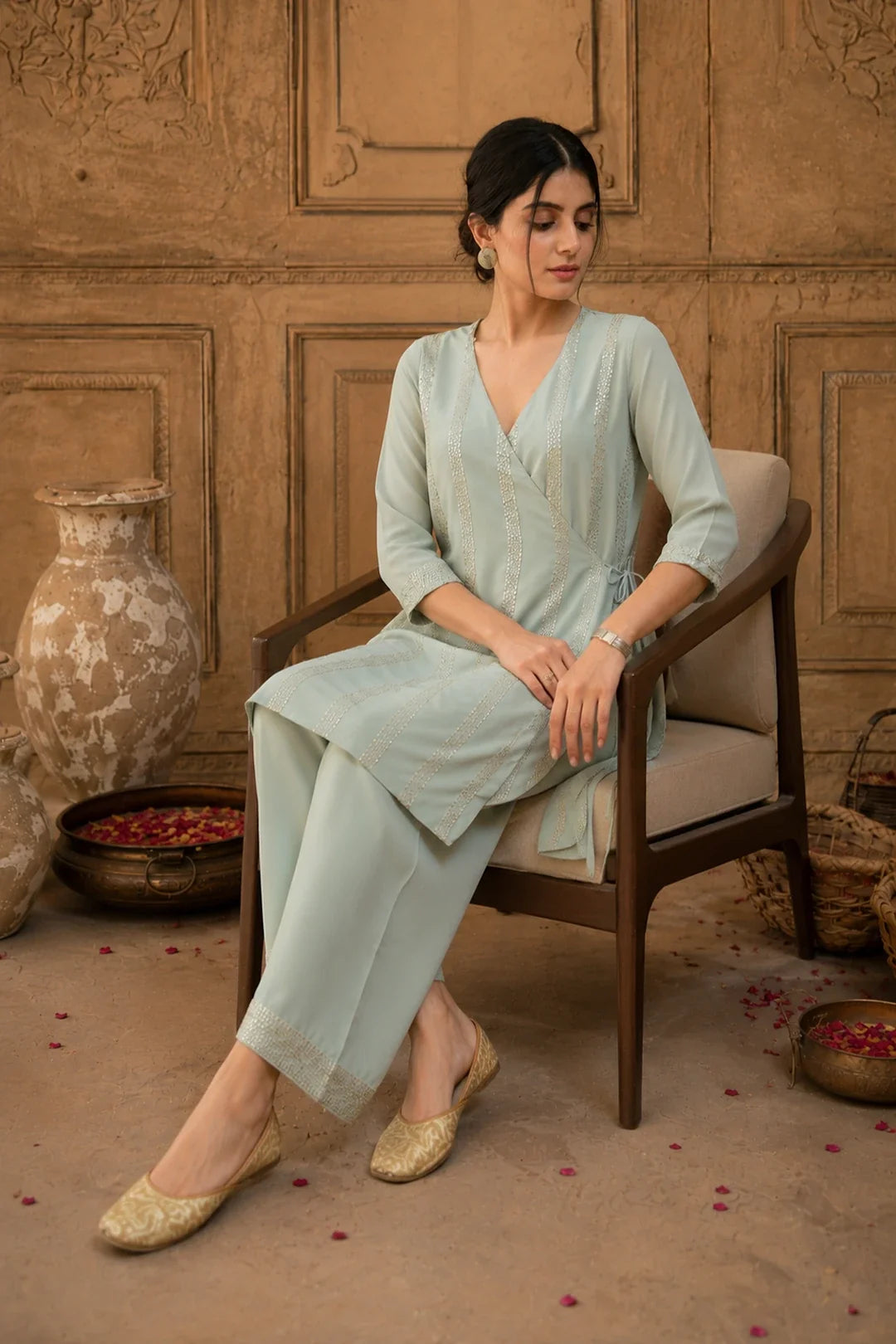 Utsav Sage Grey Sequin Angrakha Kurta Set