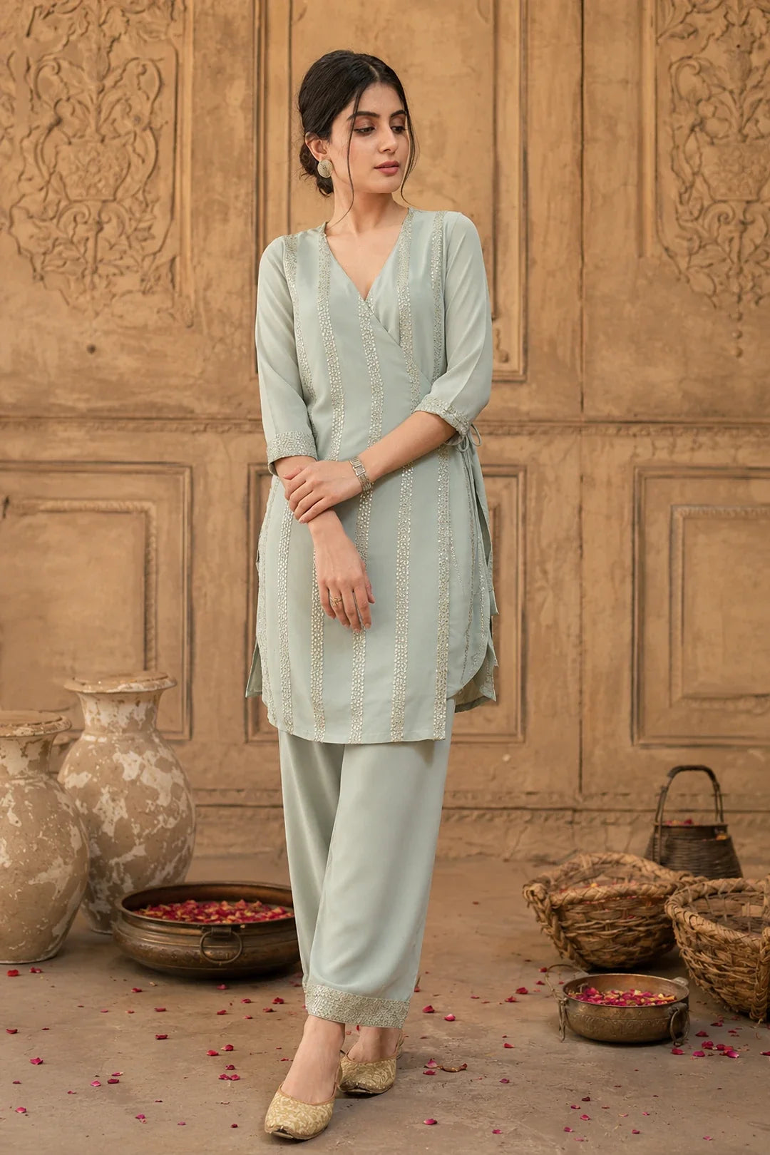 Utsav Sage Grey Sequin Angrakha Kurta Set
