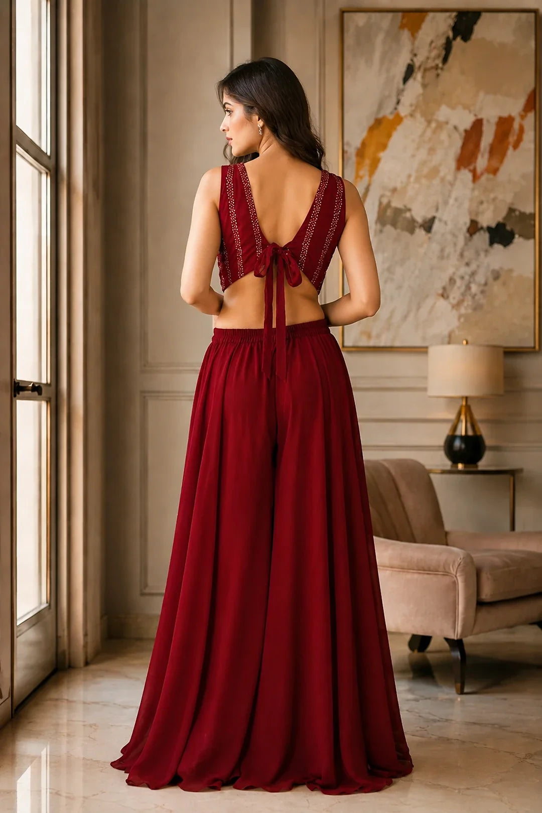Utsav Maroon Sequin Jacket Palazzo & Back Tie Blouse Set