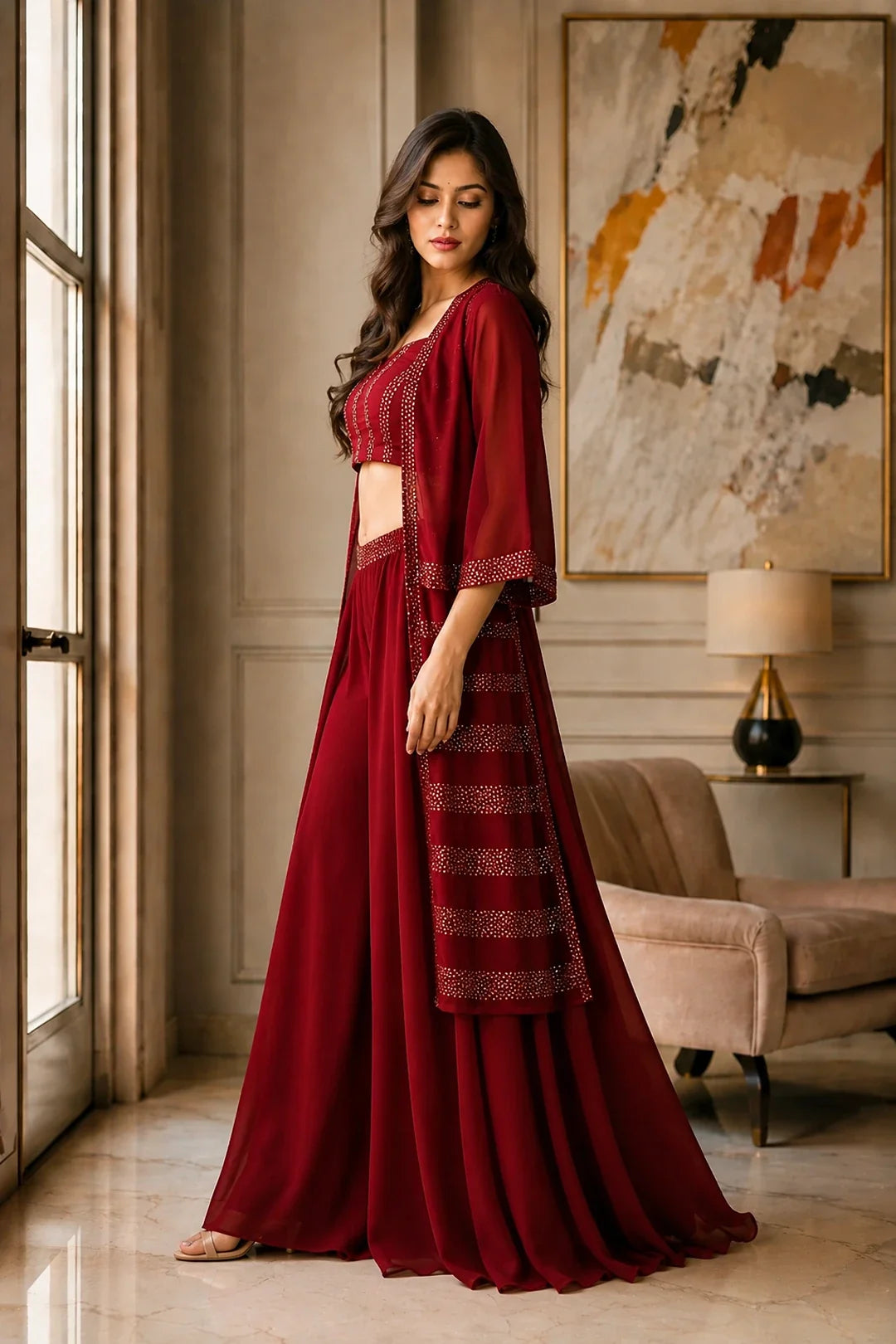 Utsav Maroon Sequin Jacket Palazzo & Back Tie Blouse Set