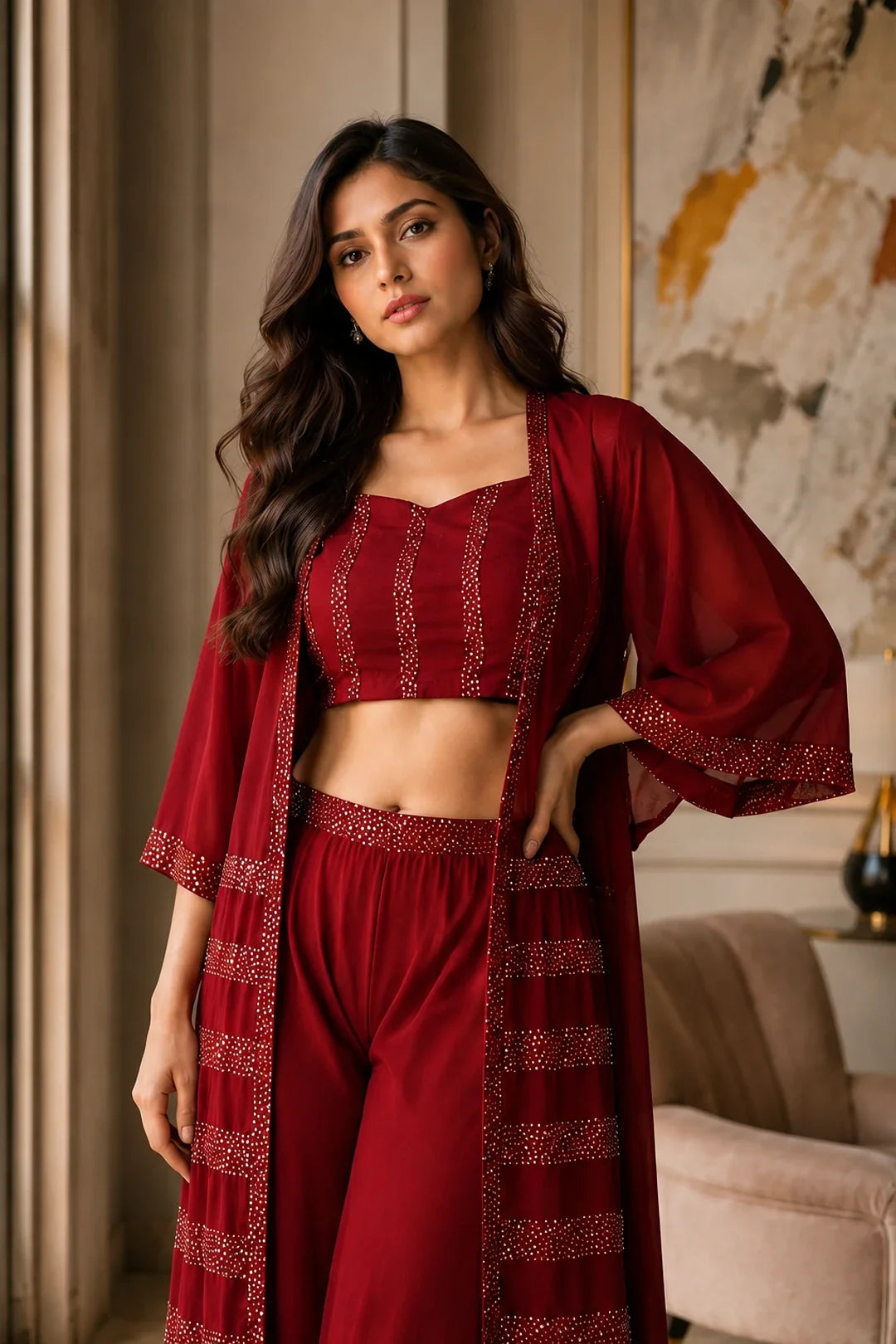 Utsav Maroon Sequin Jacket Palazzo & Back Tie Blouse Set