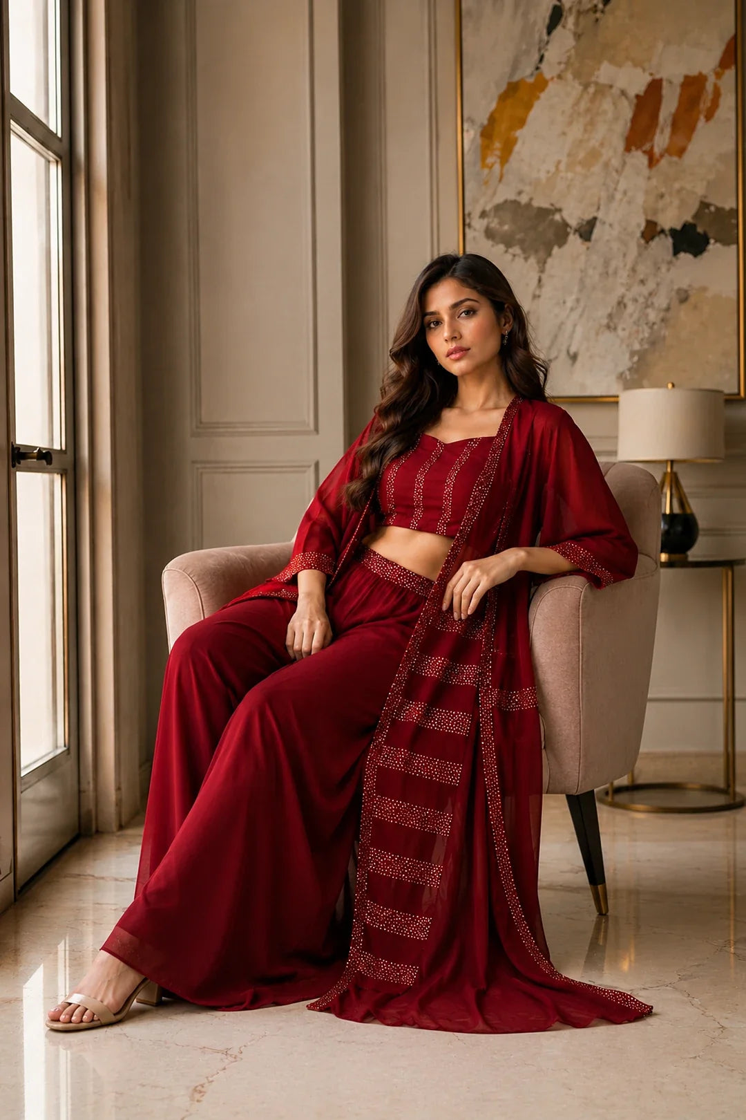 Utsav Maroon Sequin Jacket Palazzo & Back Tie Blouse Set