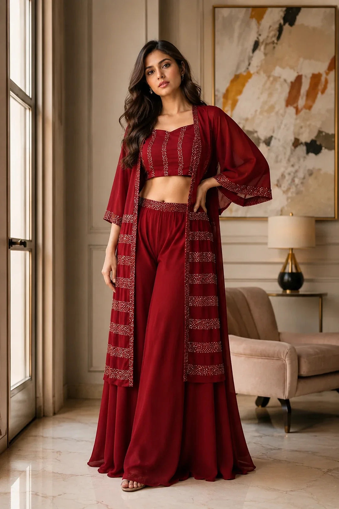 Utsav Maroon Sequin Jacket Palazzo & Back Tie Blouse Set