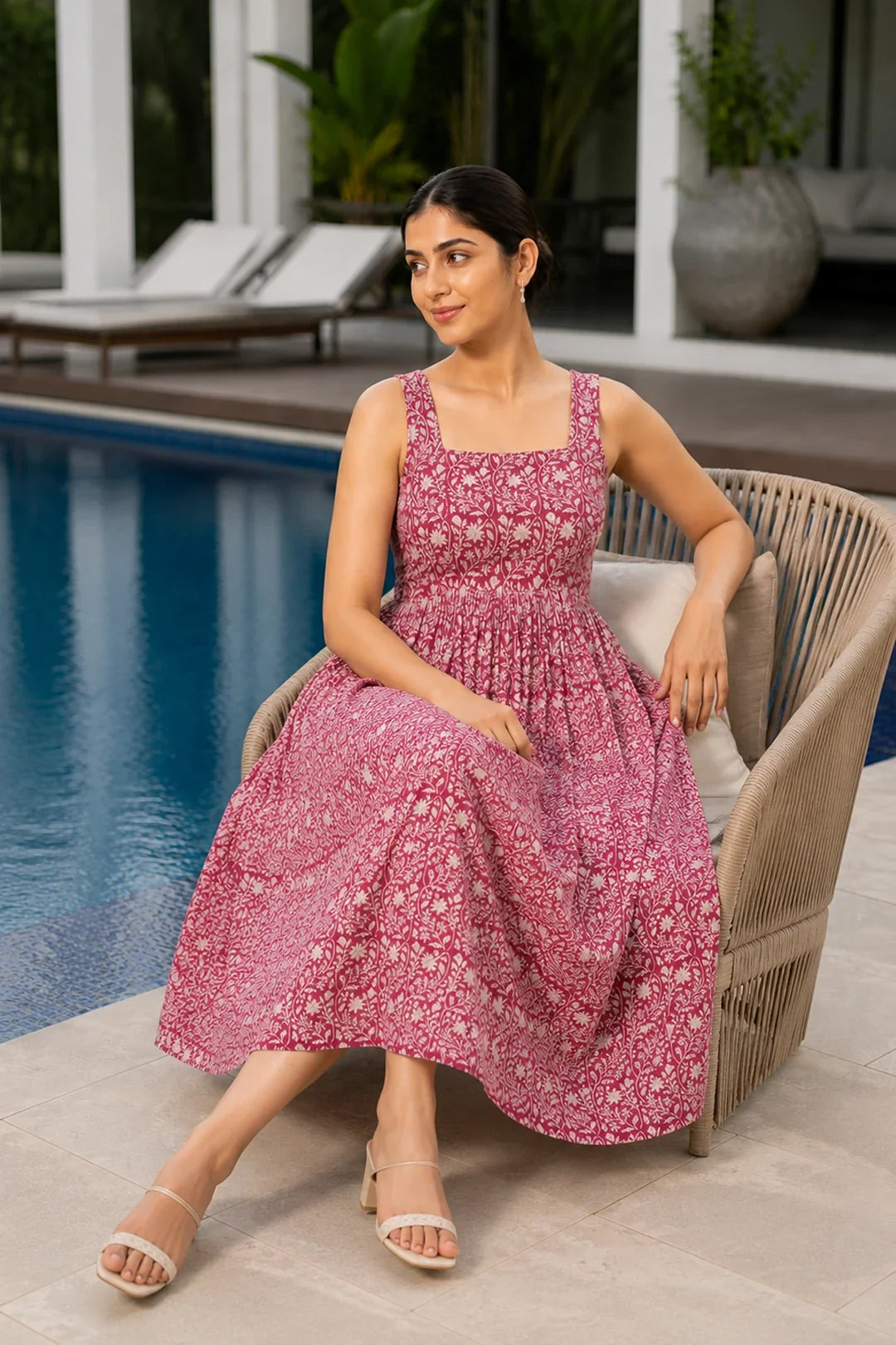 Utsav Neity Floral Jaal Hand Block Printed Midi Dress