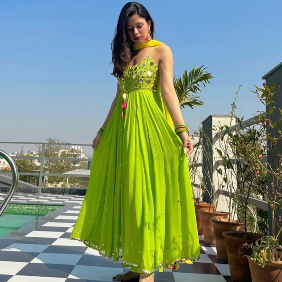 Utsav Yellow Green Mirror Work Suit Set