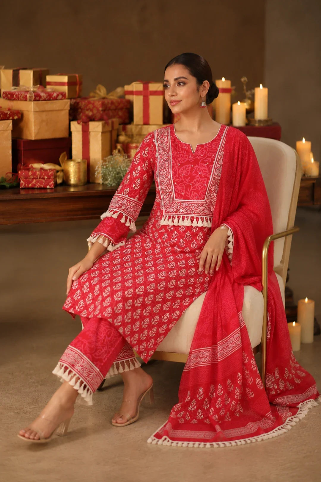 Utsav Banni Block Printed Kurta-Pants & Dupatta Set