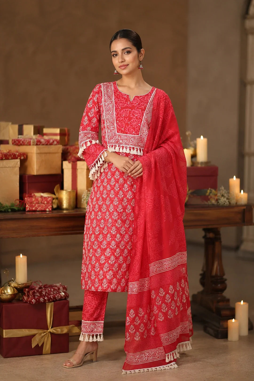 Utsav Banni Block Printed Kurta-Pants & Dupatta Set