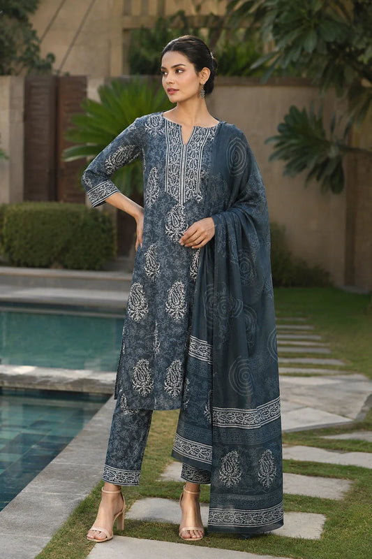 Utsav Idhika Block Printed Kurta-Pants & Dupatta Set