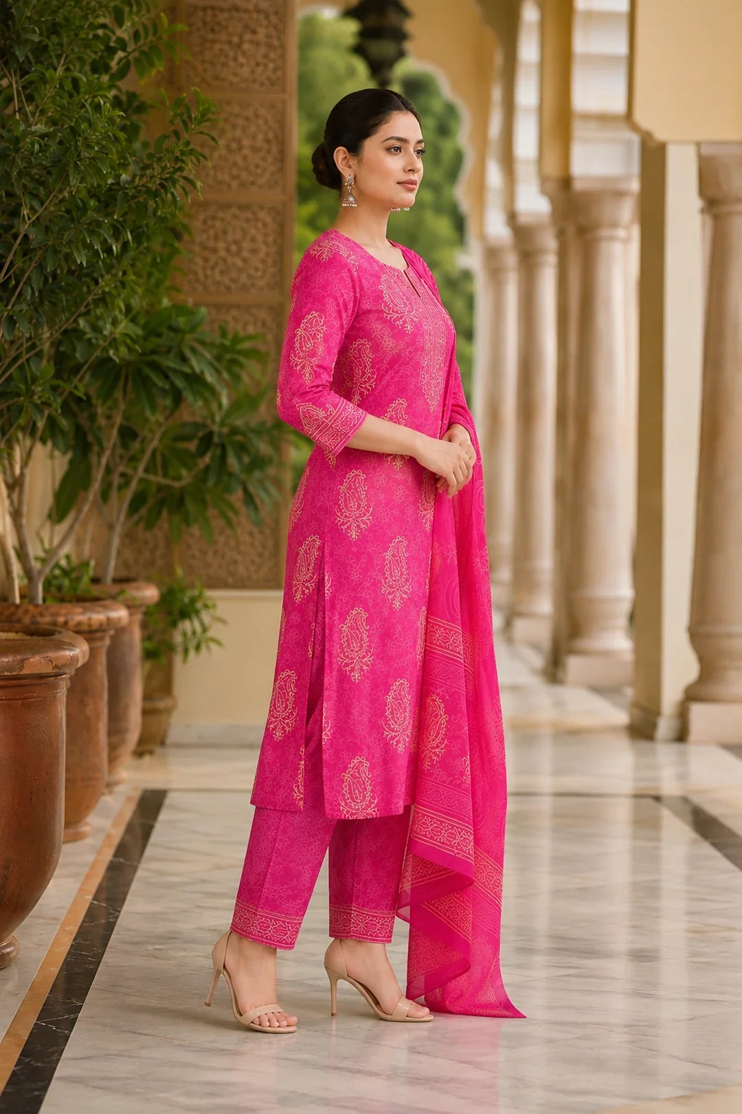 Utsav Abhati Block Printed Kurta-Pants & Dupatta Set