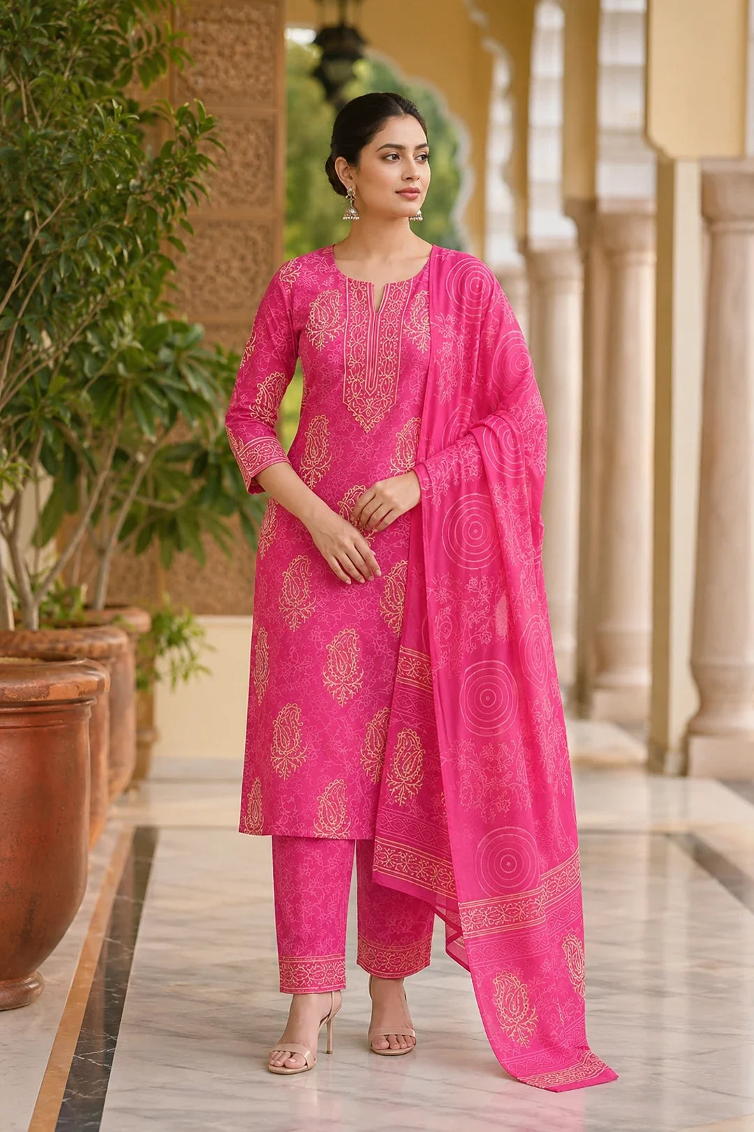 Utsav Abhati Block Printed Kurta-Pants & Dupatta Set