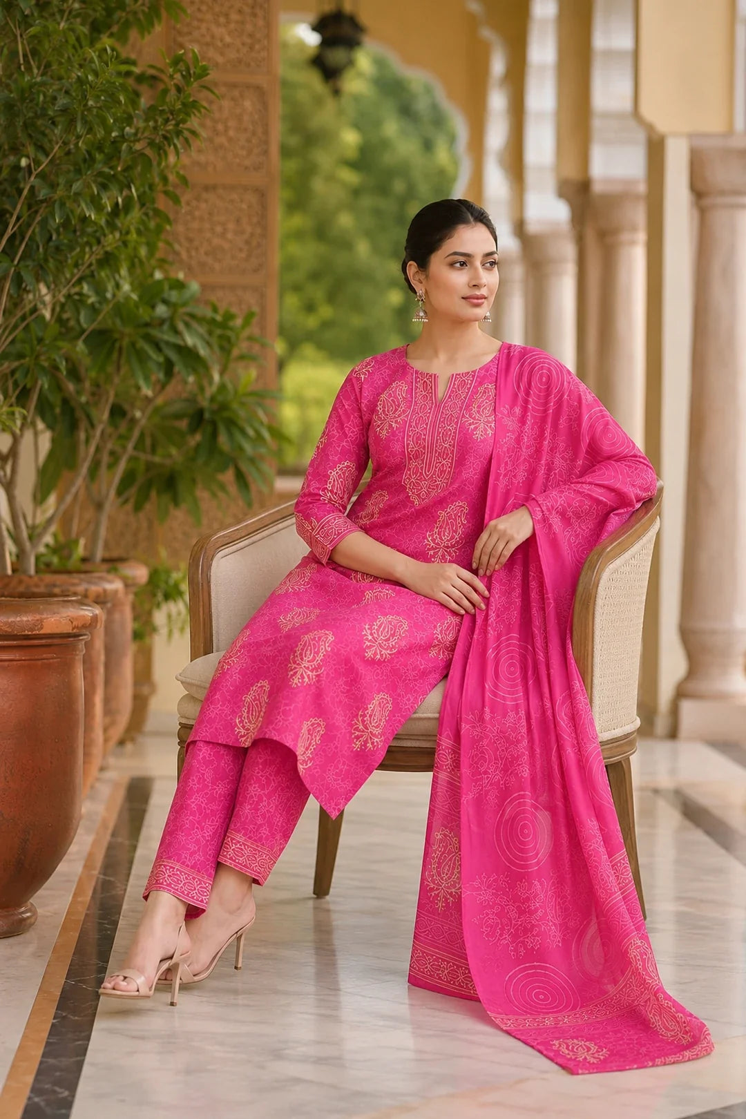 Utsav Abhati Block Printed Kurta-Pants & Dupatta Set