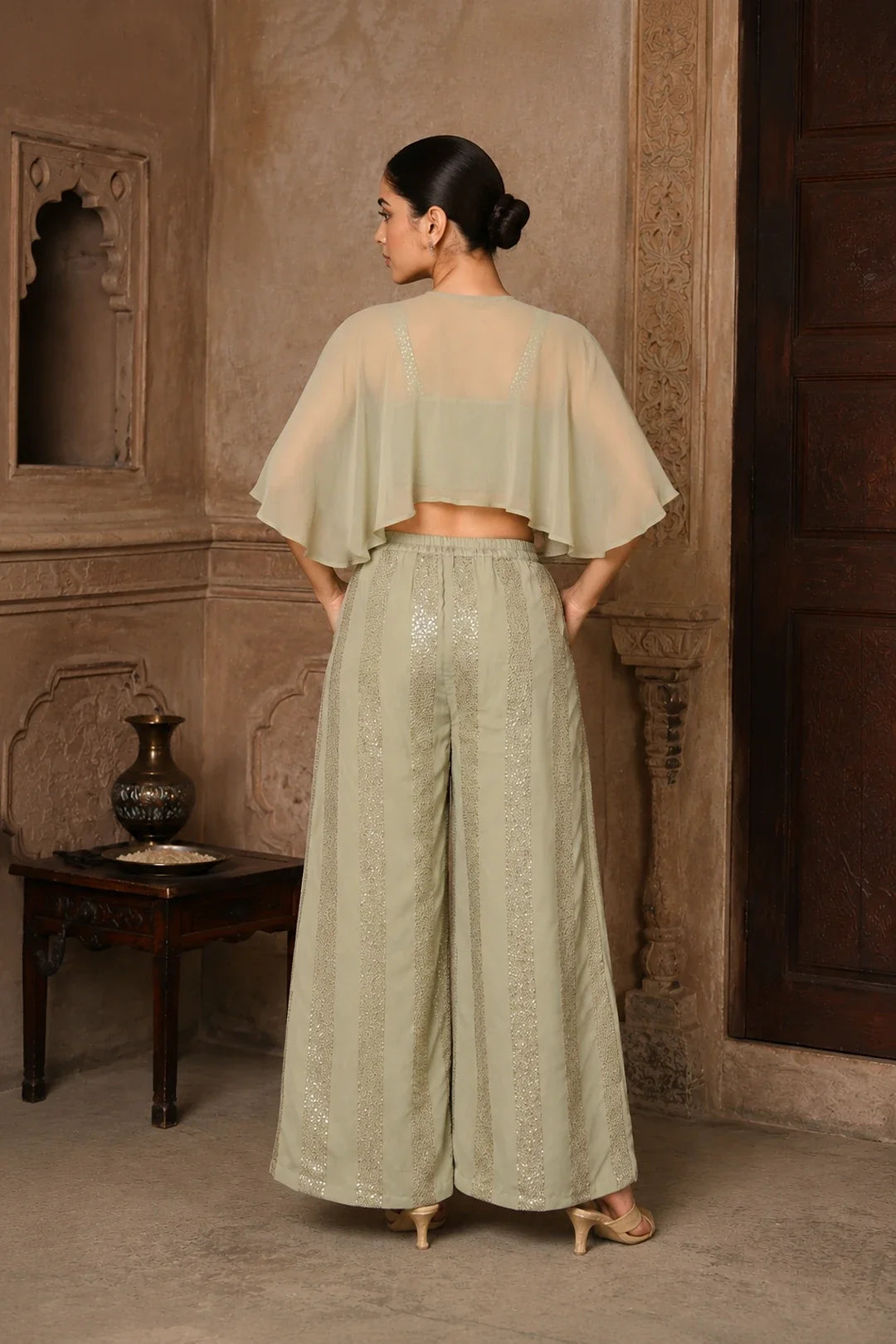 Utsav Dipta Sage Grey Sequin Georgette Co-Ord Set