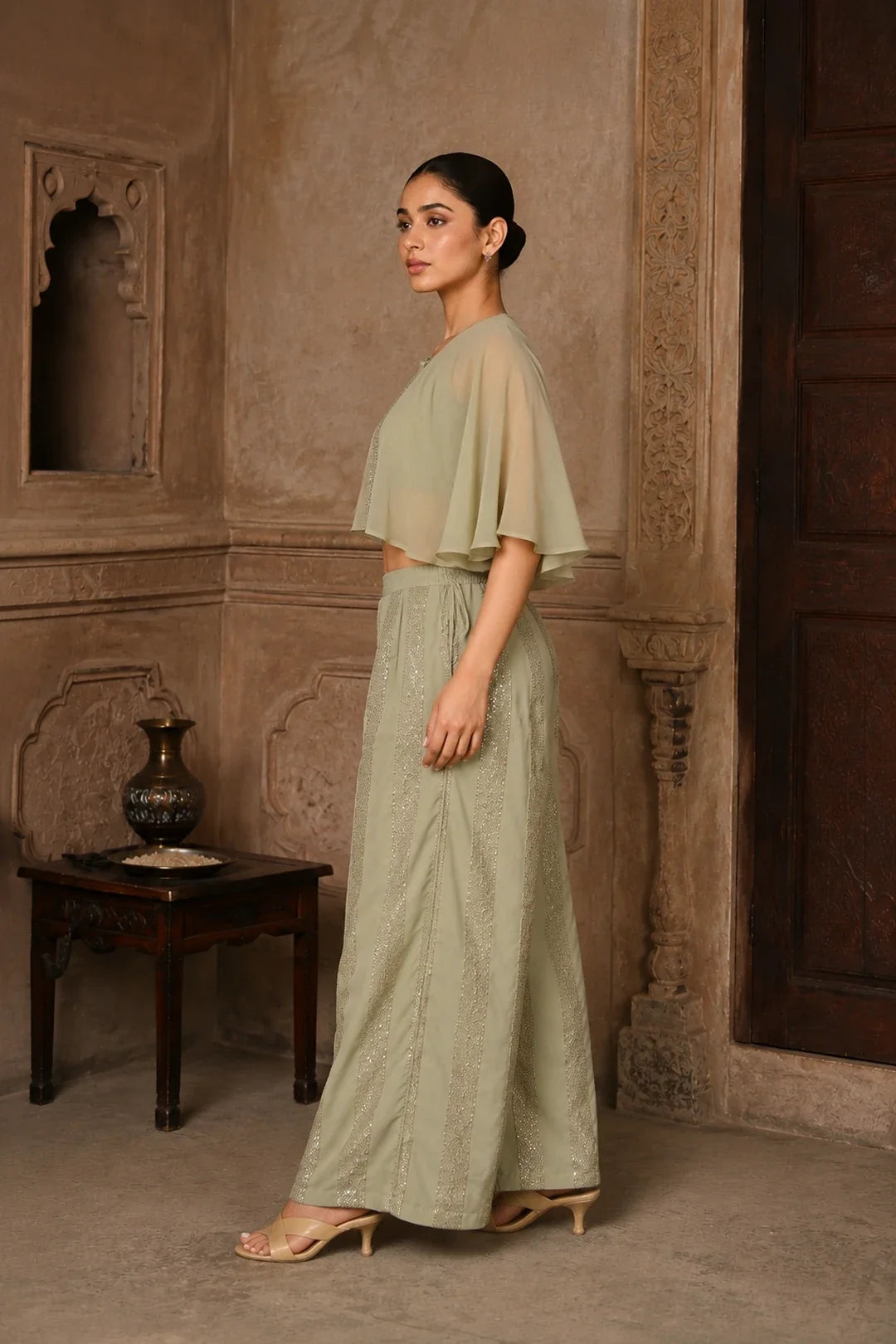 Utsav Dipta Sage Grey Sequin Georgette Co-Ord Set