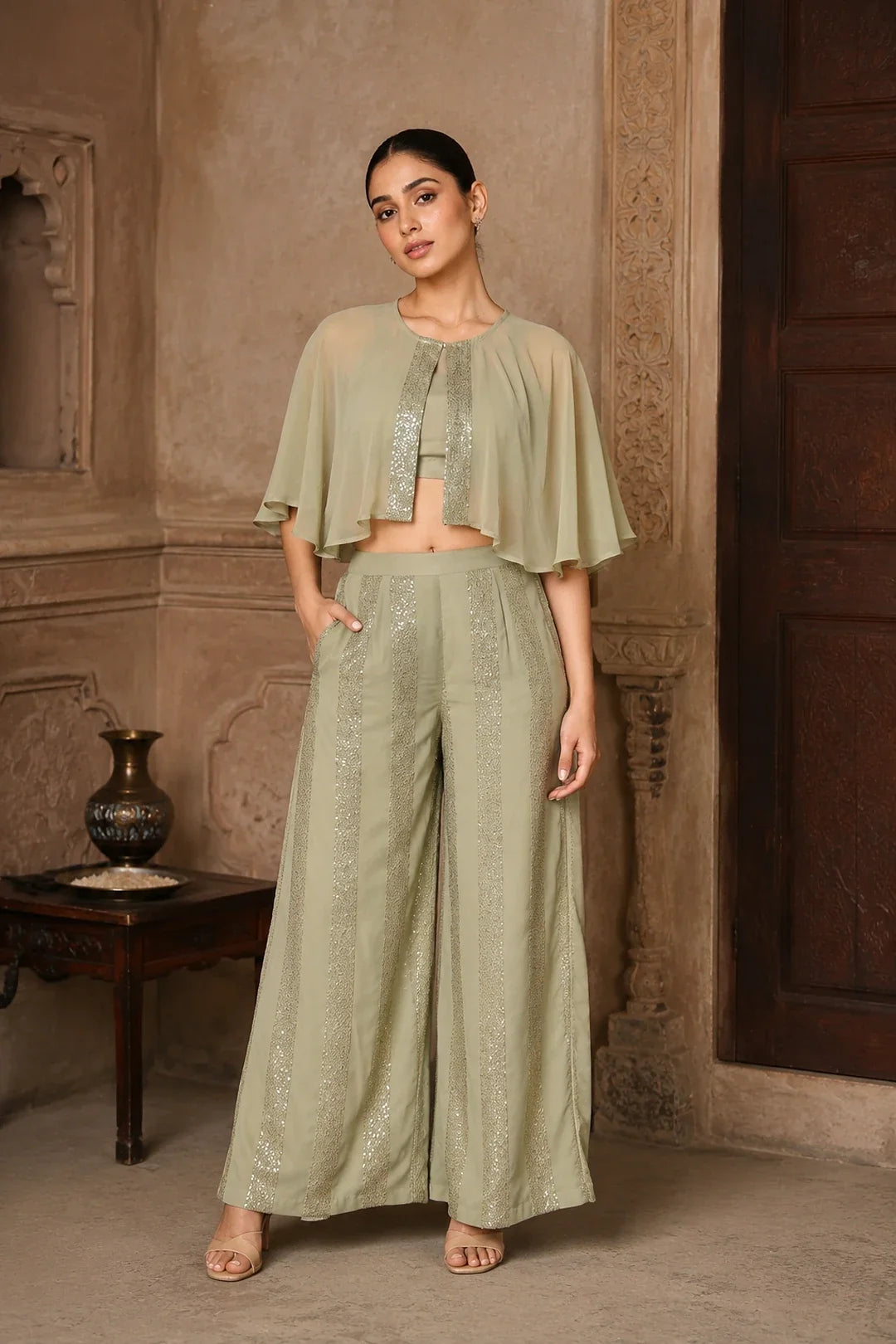Utsav Dipta Sage Grey Sequin Georgette Co-Ord Set