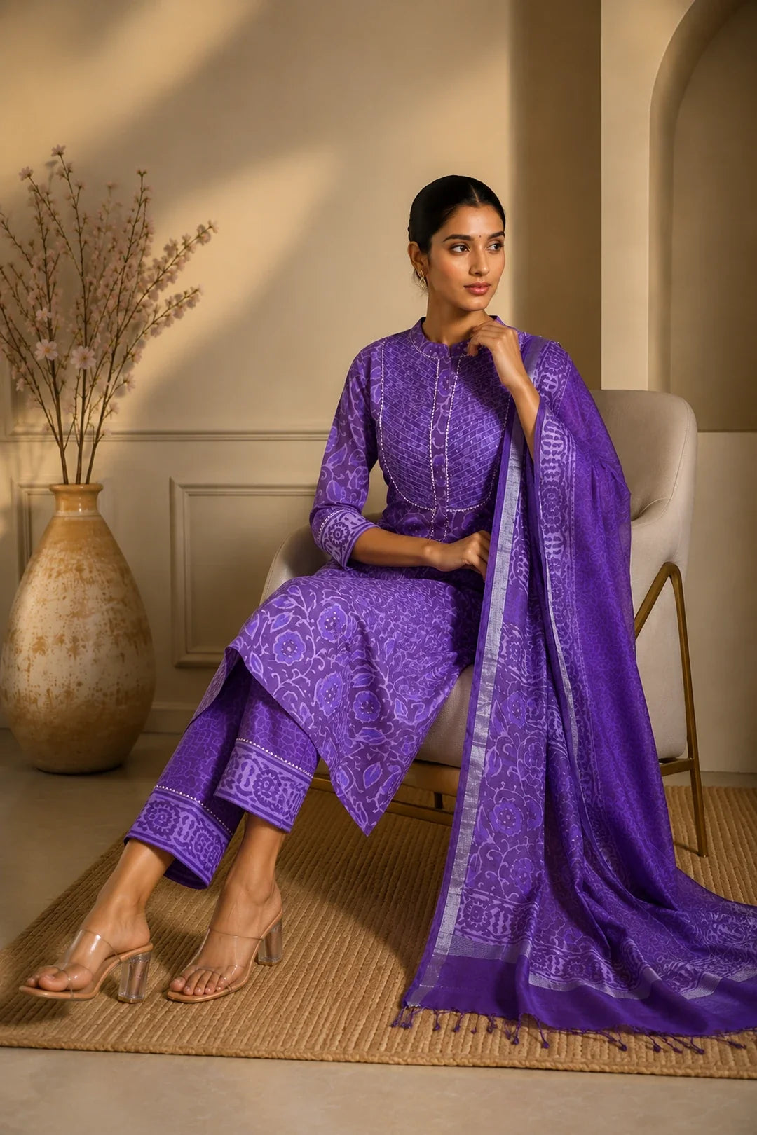 Utsav Aarya Block Printed Kurta-Pants & Dupatta Set