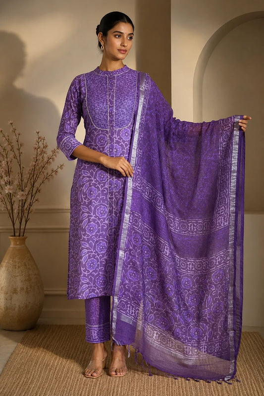 Utsav Aarya Block Printed Kurta-Pants & Dupatta Set