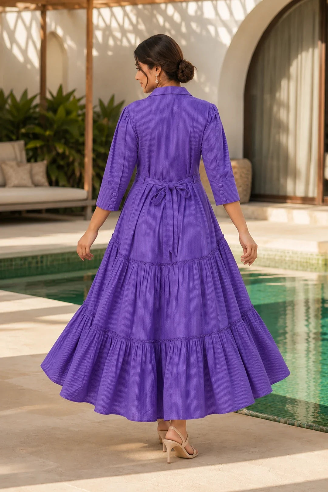 Utsav Breezy Purple Cotton Kantha Tiered Dress