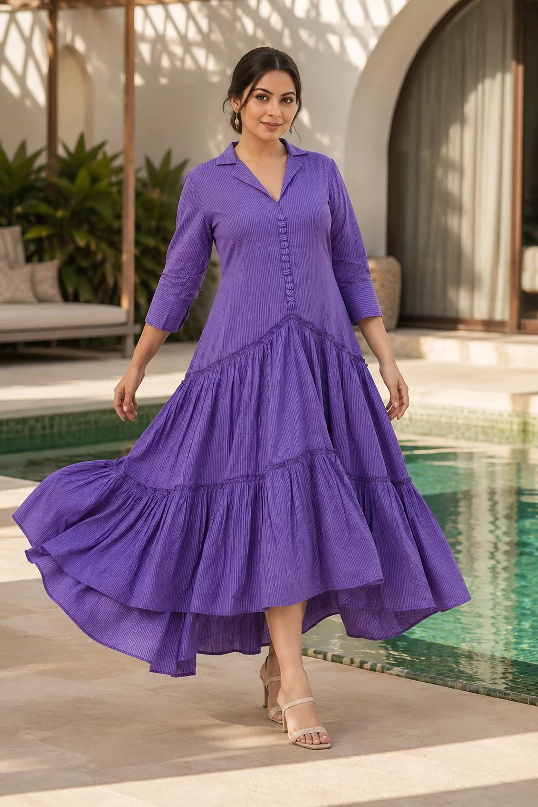 Utsav Breezy Purple Cotton Kantha Tiered Dress