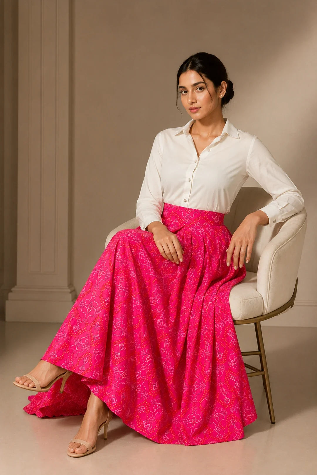 Utsav Laasya White Shirt & Printed Bandhani Skirt Set