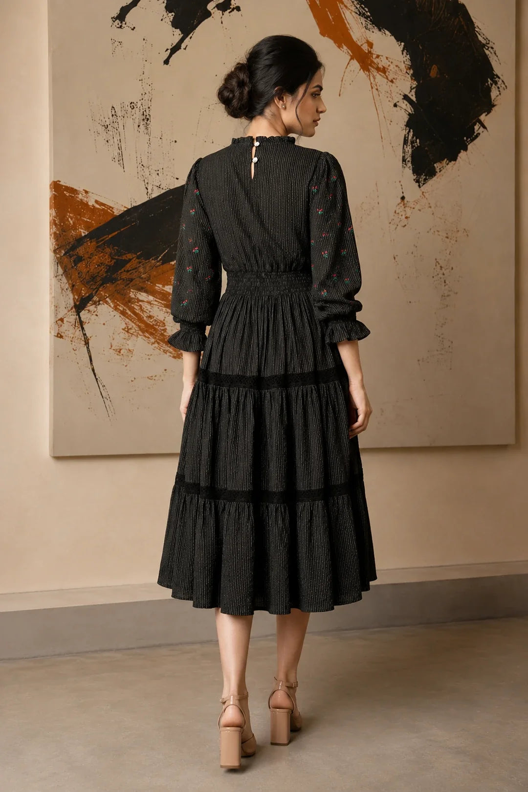 Utsav Radiant Meadows Black Cotton Kantha Tiered Dress