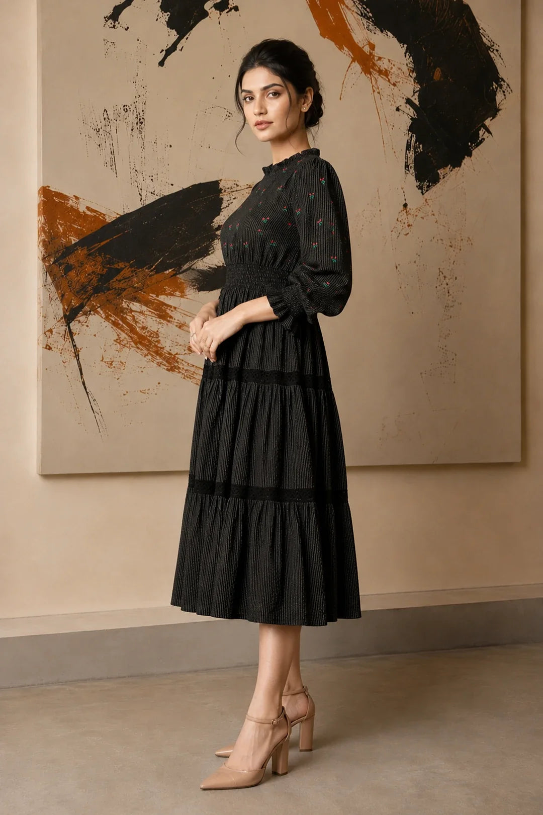 Utsav Radiant Meadows Black Cotton Kantha Tiered Dress