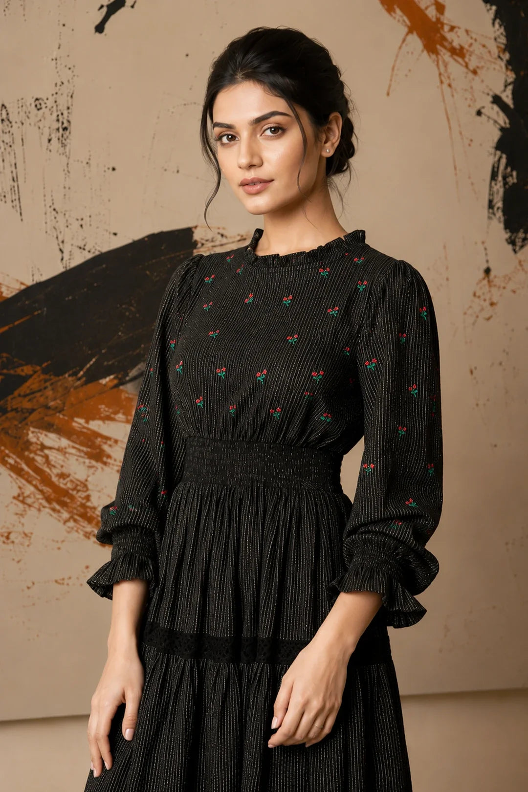 Utsav Radiant Meadows Black Cotton Kantha Tiered Dress